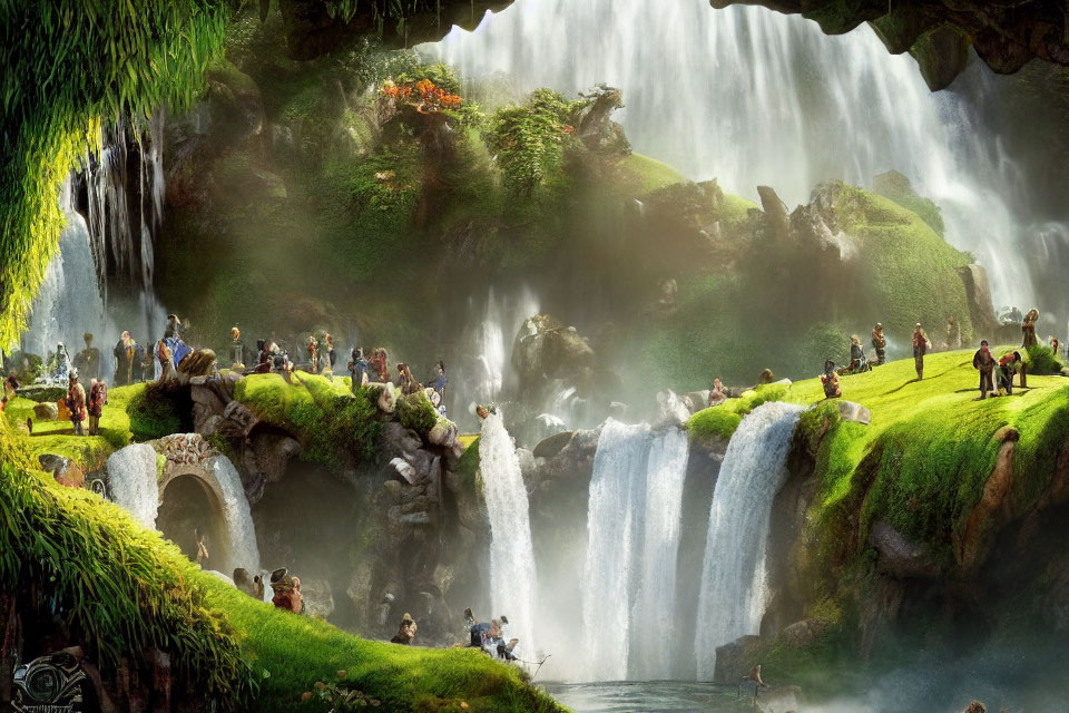 Fantasy landscape with waterfalls, stone bridge, and people in serene nature