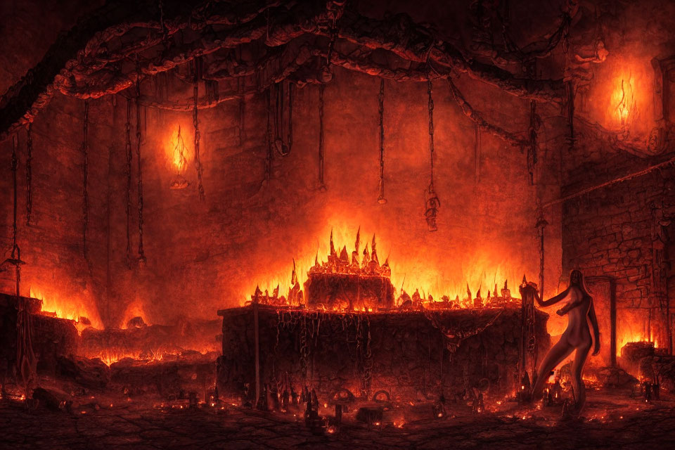 Fiery cavern with glowing structure and lava chains