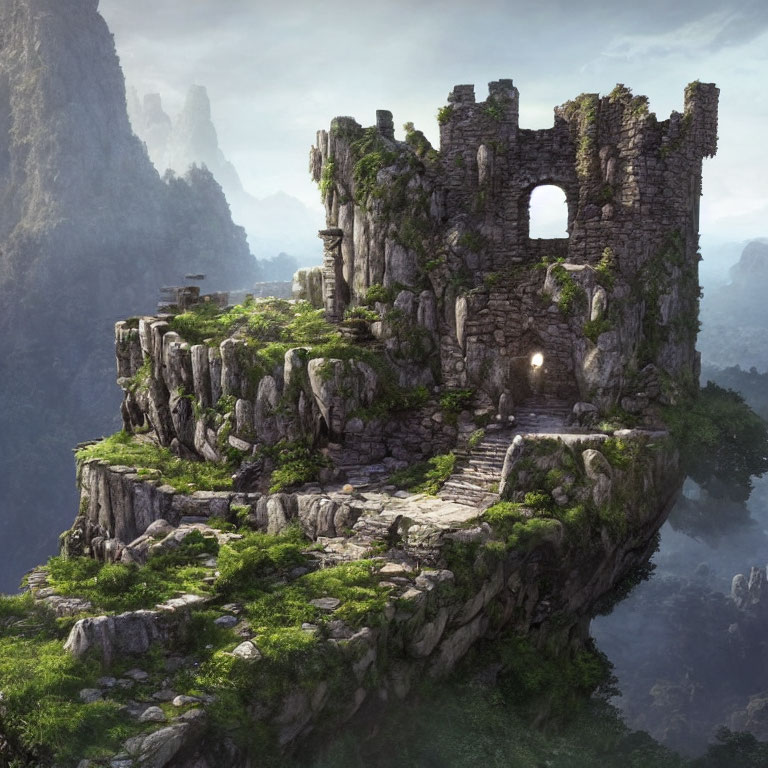 Ancient stone castle ruins on cliff with misty mountains.