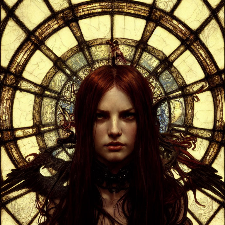 Red-haired woman with black wings in front of stained glass window