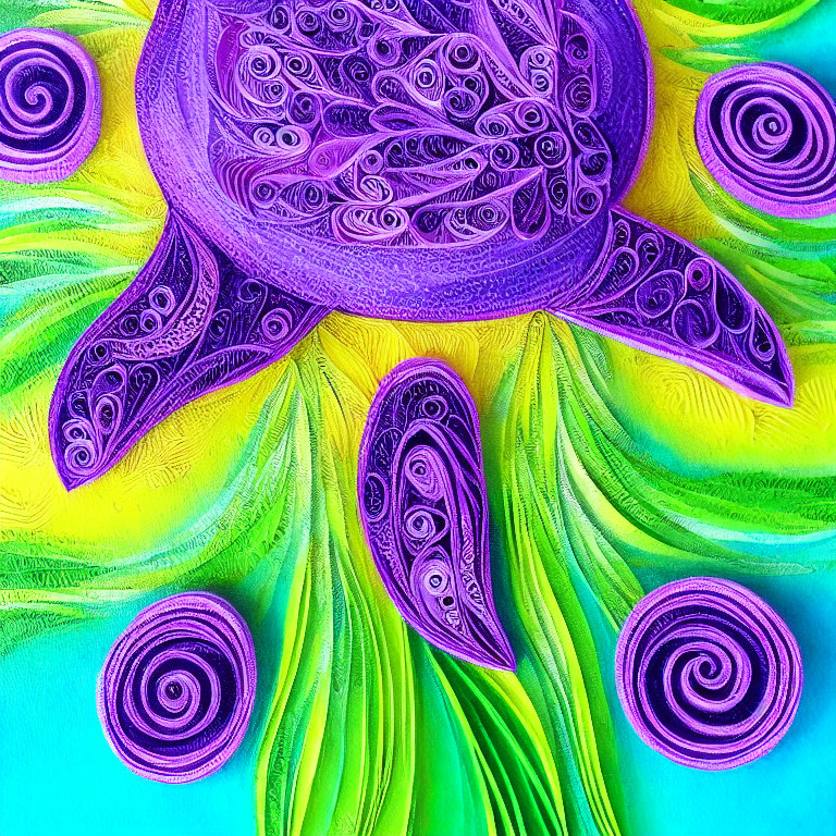 Colorful Paper Quilling Art: Purple Flower, Green Swirls on Blue & Yellow Gradient