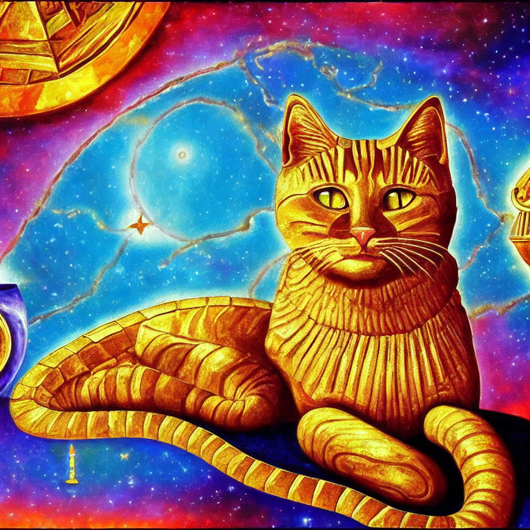 Colorful Stylized Cat Painting with Celestial Background