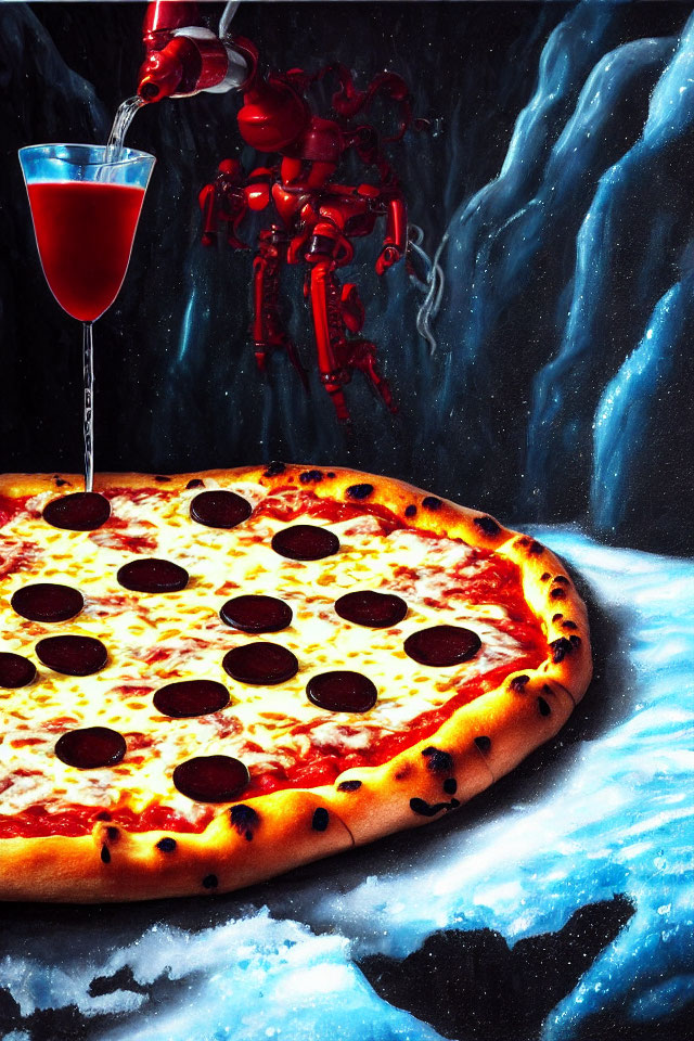 Surreal image of floating pizza in space with robotic arm pouring liquid