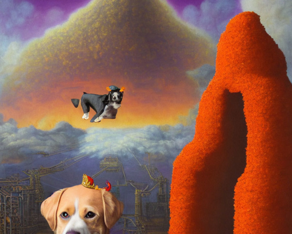 Surreal flying dog with goggles over cityscape and orange landforms