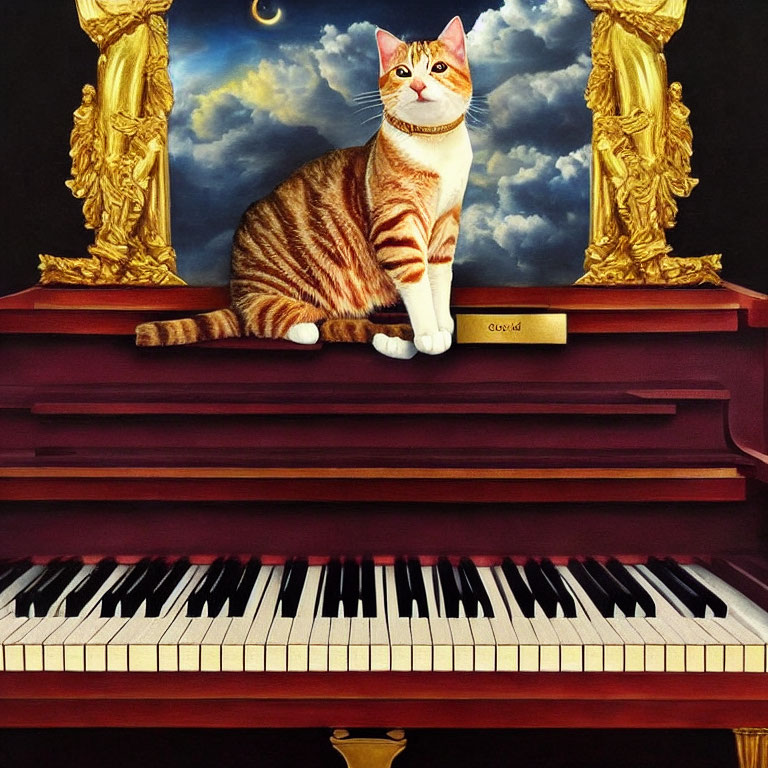 Orange Tabby Cat on Piano Keyboard with Moonlit Sky