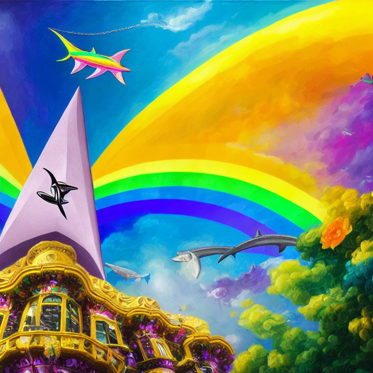 Colorful fish-shaped kites flying over ornate buildings with vibrant rainbows.