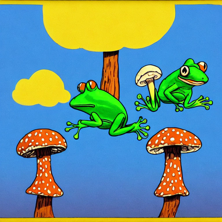 Vibrant green frogs on blue background with red eyes and mushrooms