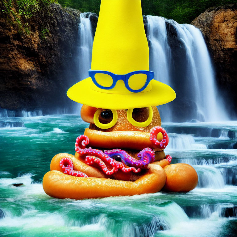 Colorful hotdog characters with tentacles and hats by a waterfall