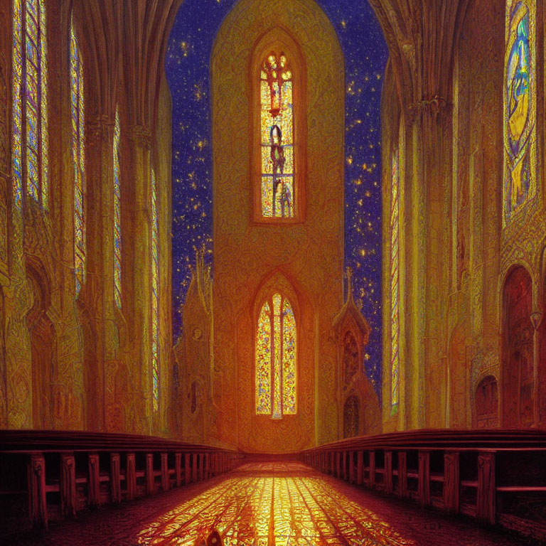 Gothic Church Interior with Tall Stained Glass Windows and Starry Sky Pattern