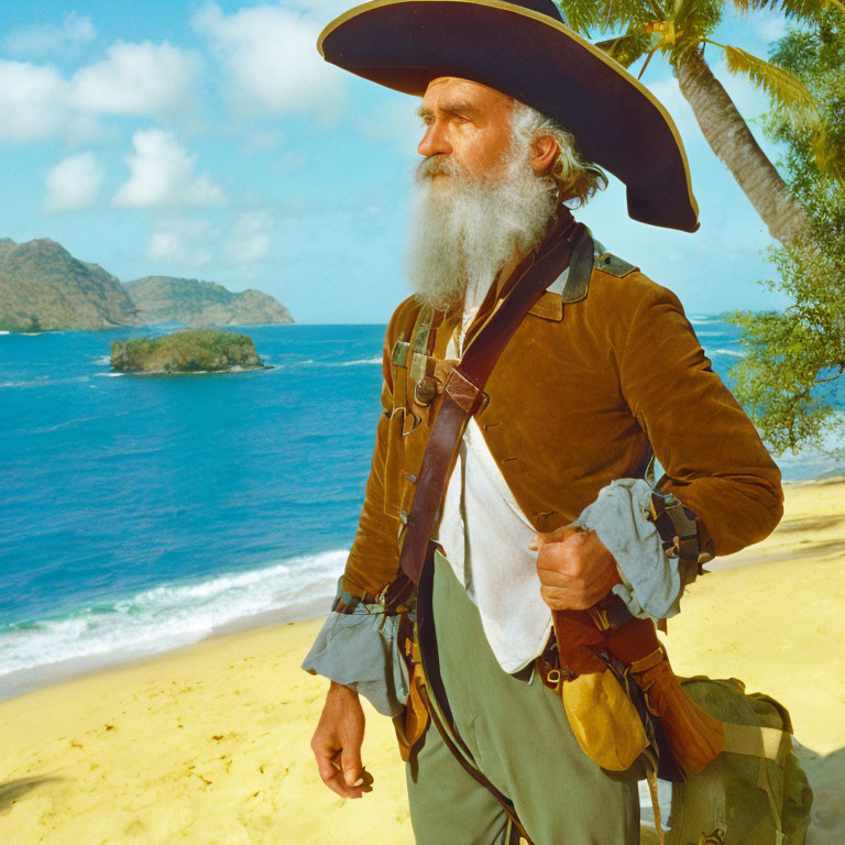 Bearded pirate man with musket on sunny beach