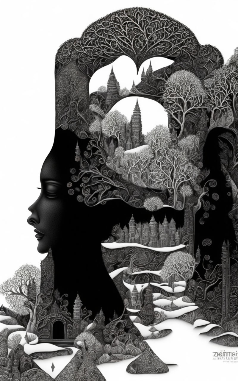 Detailed black and white nature and architecture profile illustration