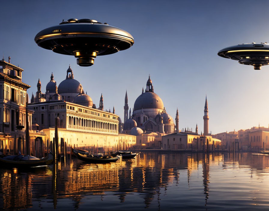 Futuristic flying saucers over Venice's historical architecture at sunset