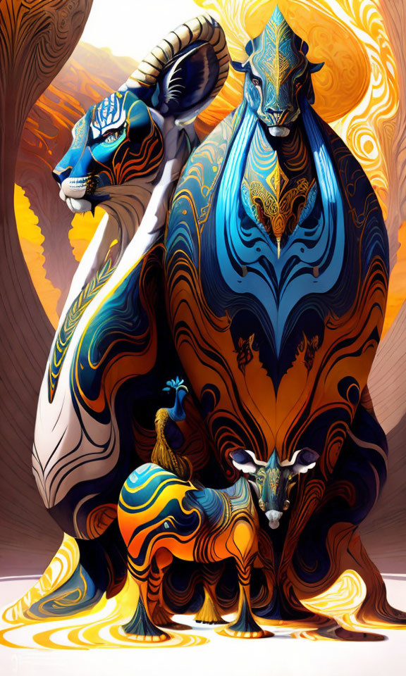 Colorful digital artwork: Ornate animal figures in vibrant blues, yellows, and oranges on warm