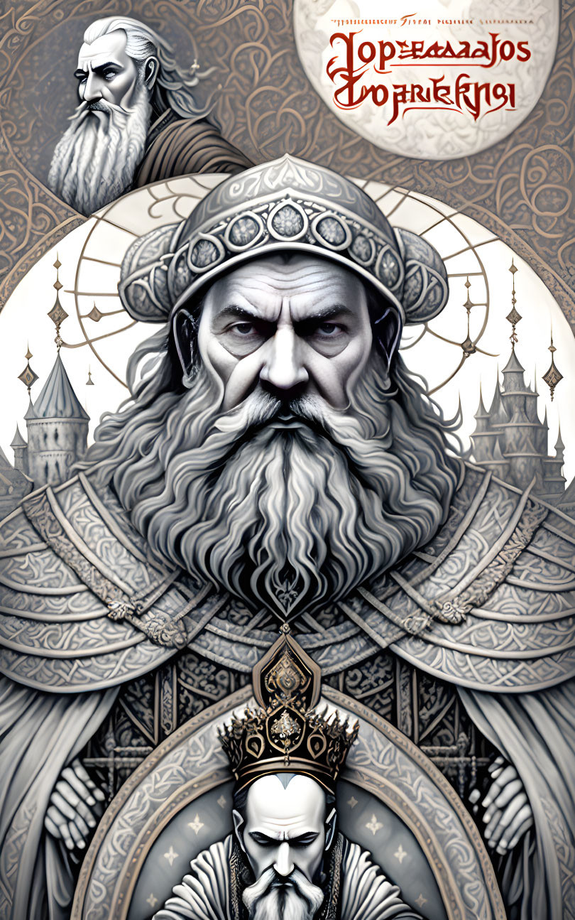 Regal bearded man in crown on intricate poster.