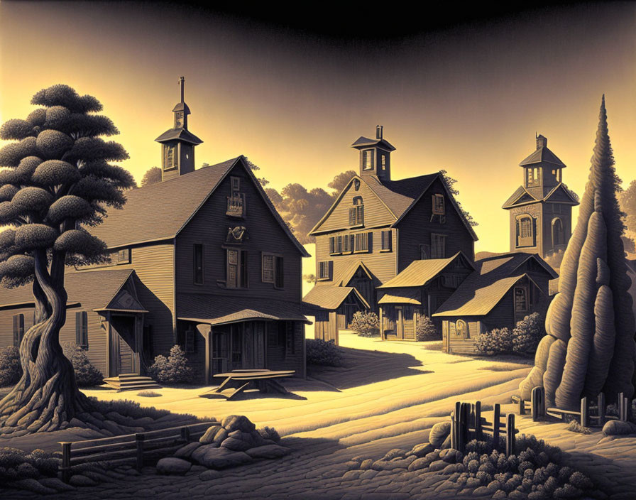 Sepia-Toned Illustration of Quaint Village with Wooden Buildings and Church