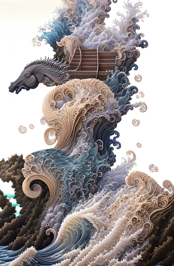 Surreal seahorse illustration with waves, sea foam, golden bubbles, and nature elements.