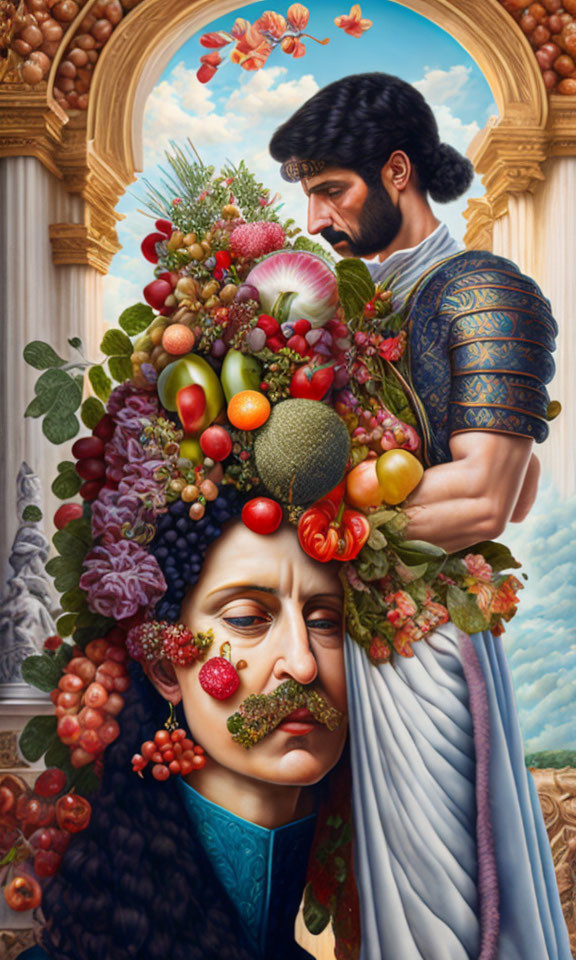 Hyper-realistic painting of two figures with fruit-filled headdress and armor, set against classical architecture and