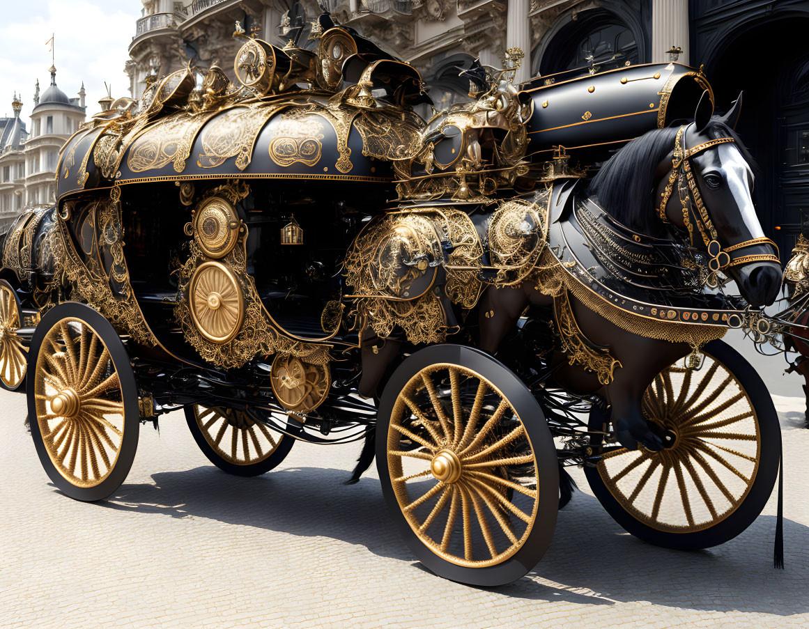 Black and gold steam-punk style carriage with horse in front of classic architecture