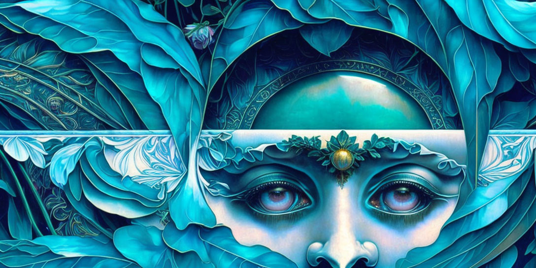 Surreal artwork of eyes in blue floral sea with gem-encrusted forehead