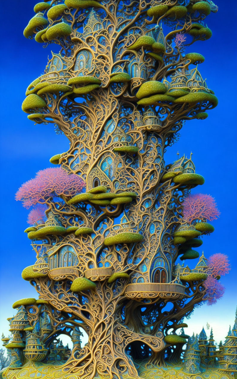 Fantastical tree with intricate branches and pink coral-like foliage