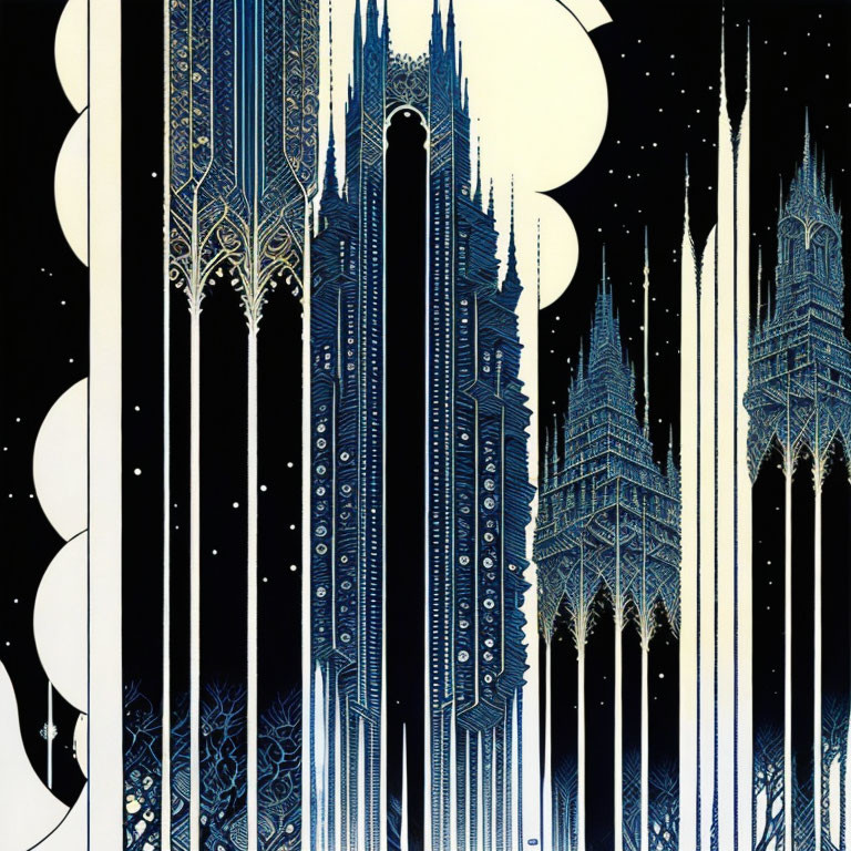 Art Deco style fantastical cityscape with ornate skyscrapers in starry night sky