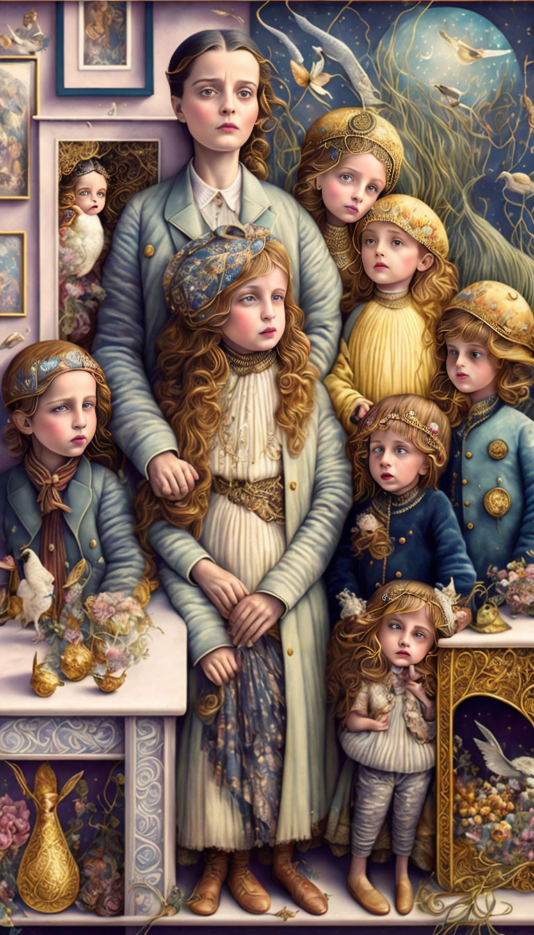 Surreal painting of solemn children in vintage clothing with ornate frames and marine motifs