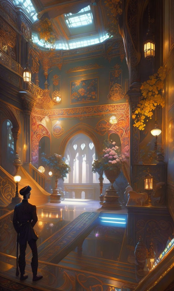 Person in hat in ornate, lavish hallway with plants