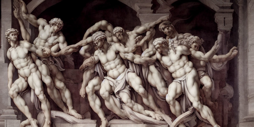 Muscular nude male figures in dynamic poses on bas-relief sculpture