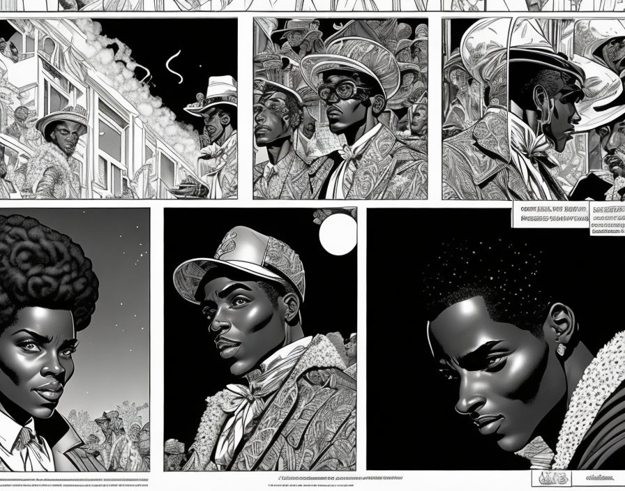 Detailed Black & White Comic Strip Panels with Dramatic Characters in Vintage Clothing and Foreign Script.
