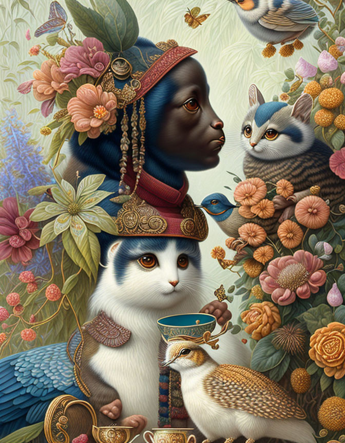 Blue-skinned woman with ornate headwear, cats, birds, and vibrant flowers in surreal illustration