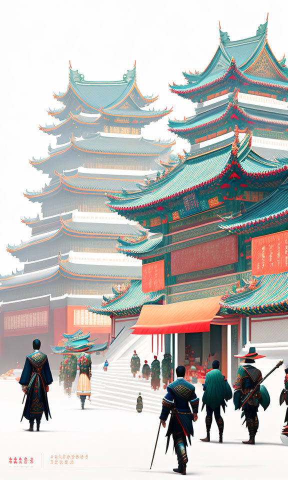 Traditional Asian Palace Illustration with Intricate Roofs and Historic Clothing