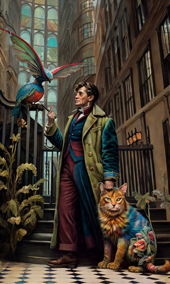 Man in long coat with colorful bird and patterned cat in library-like hallway