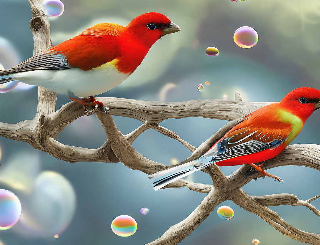 Vibrant red-orange birds on branch with iridescent bubbles - Nature Scene