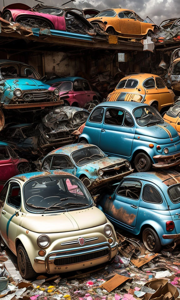 Assorted vintage cars in scrapyard with rust and faded paint under cloudy sky