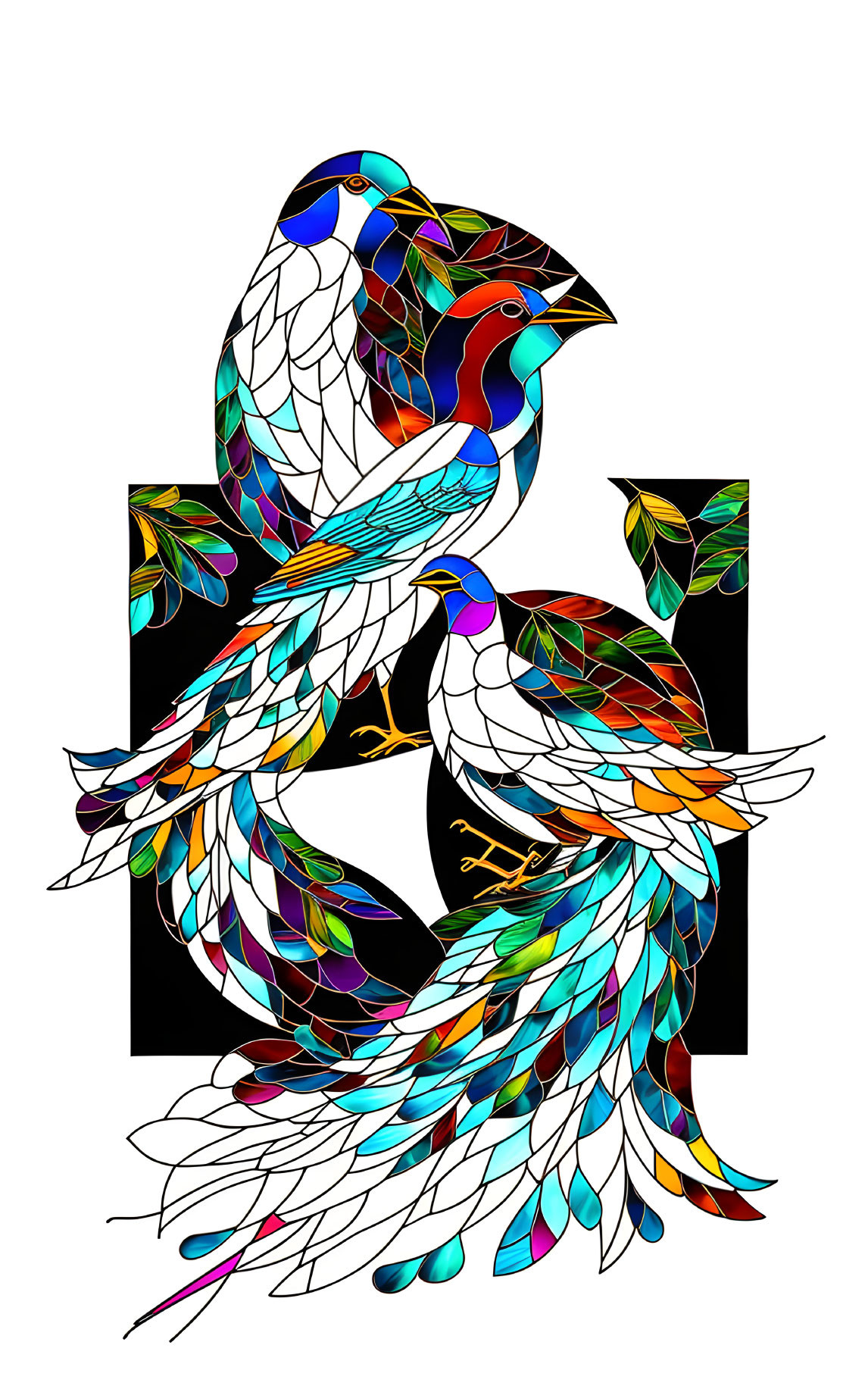 Colorful stylized birds with intricate patterns on a white background with a bold black letter "H