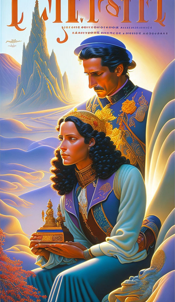 Fantasy book cover illustration of man and woman in ornate clothing with castle and mountains