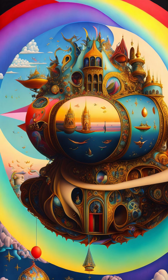 Vibrant surreal artwork: fantastical architecture, floating islands, ships, swirling skies.