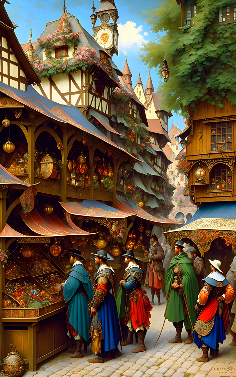 Medieval marketplace with colorful stalls and bustling crowds