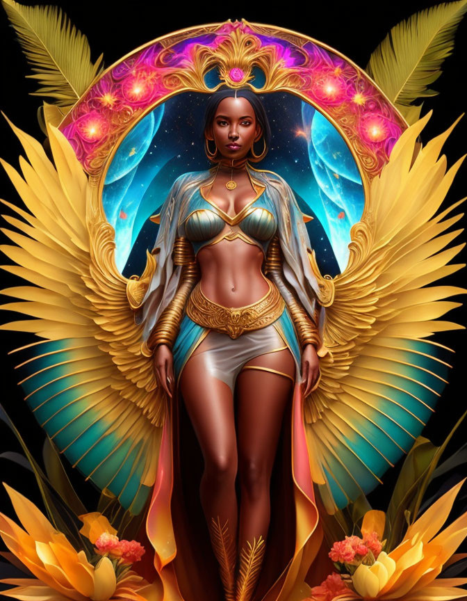 Majestic female figure with golden wings and cosmic halo in regal blue attire on dark backdrop