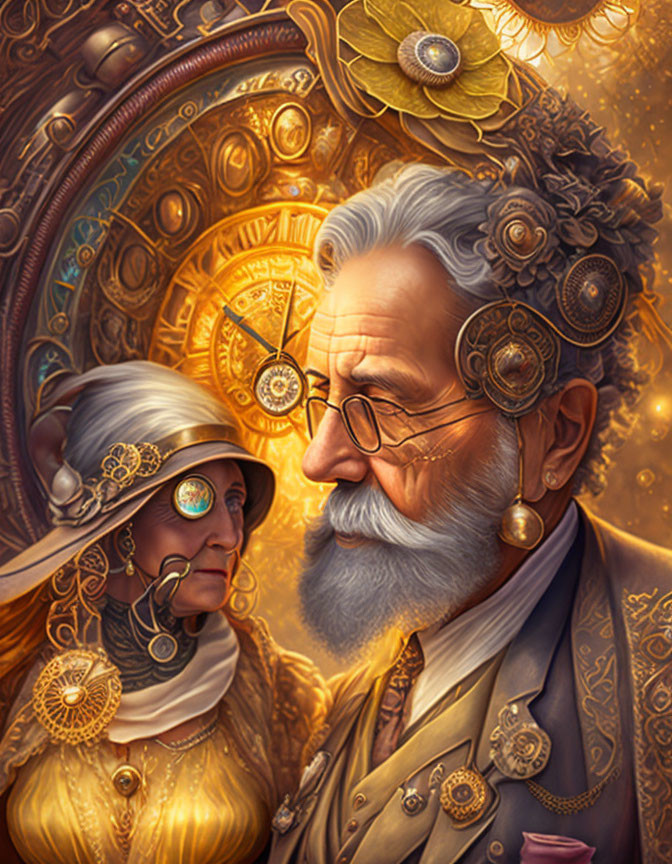 Elderly Steampunk Couple in Victorian Attire with Goggles