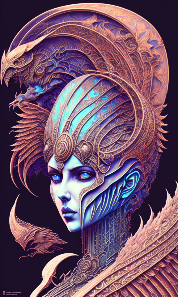 Illustration of woman with ornate helmet and bird creature in purple and blue palette