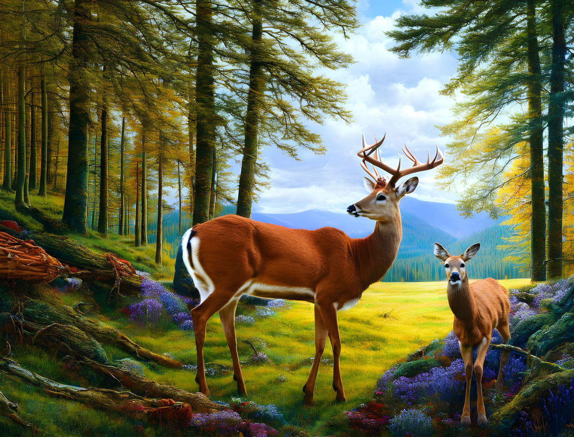 Deer in vibrant forest clearing with tall trees and purple flowers