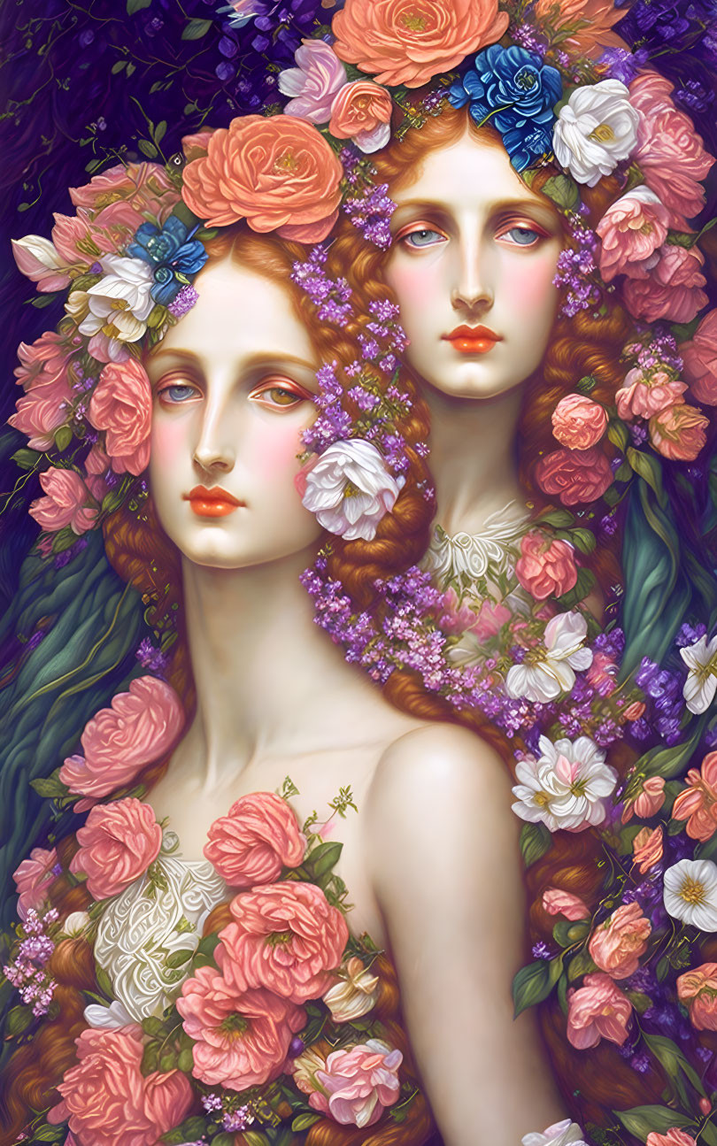 Two women with colorful flower-adorned long hair on violet background