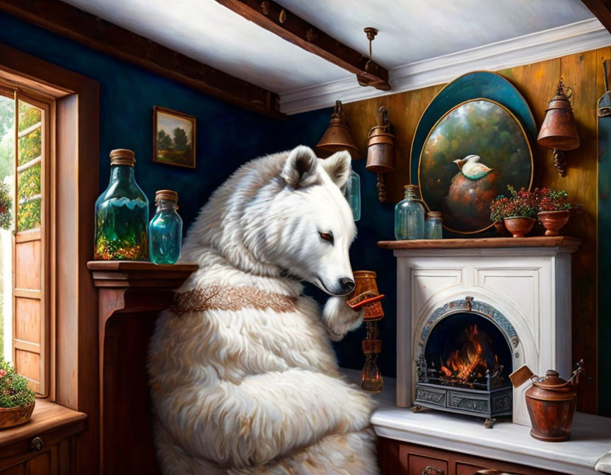 Anthropomorphic white wolf in cozy rustic room with fireplace & vintage decorations