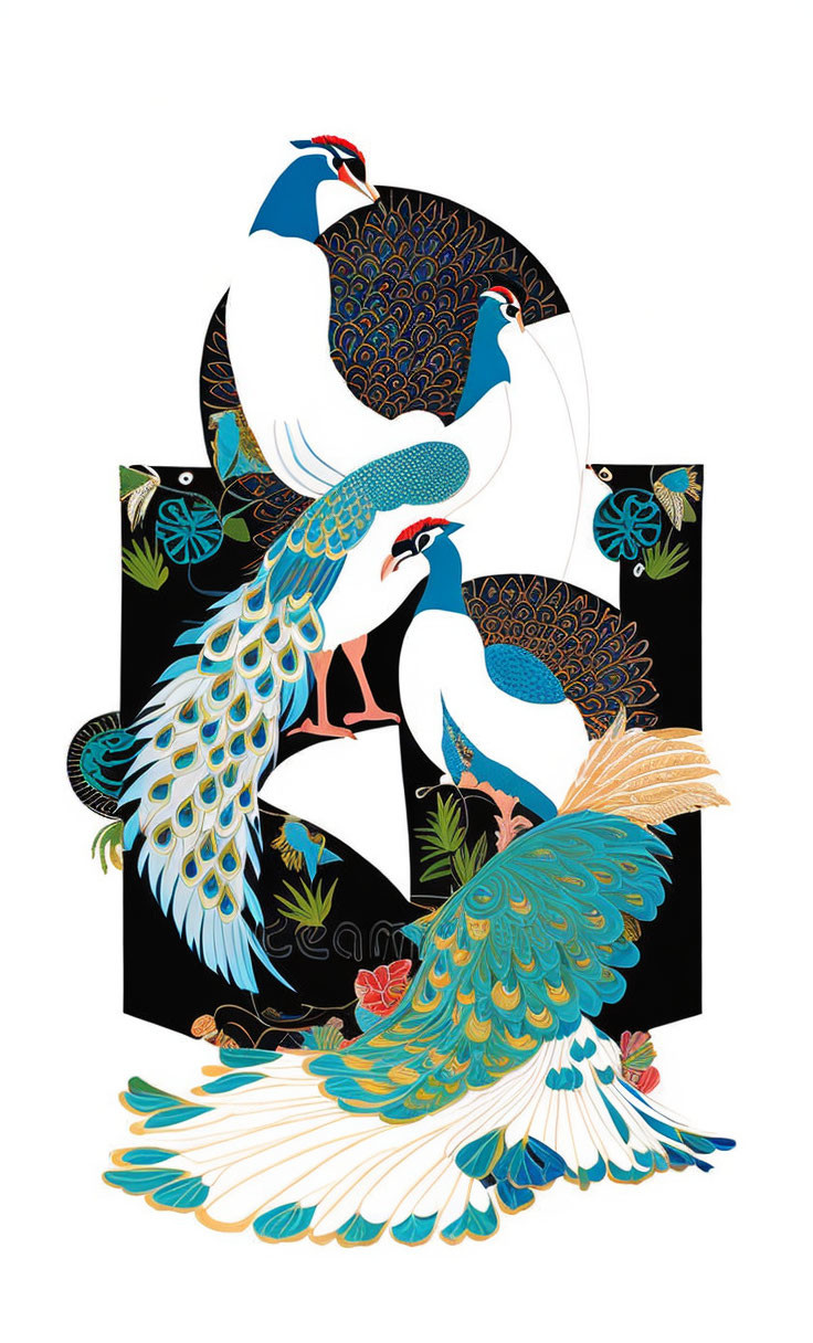 Vibrant blue and gold peacocks on black background with floral motifs