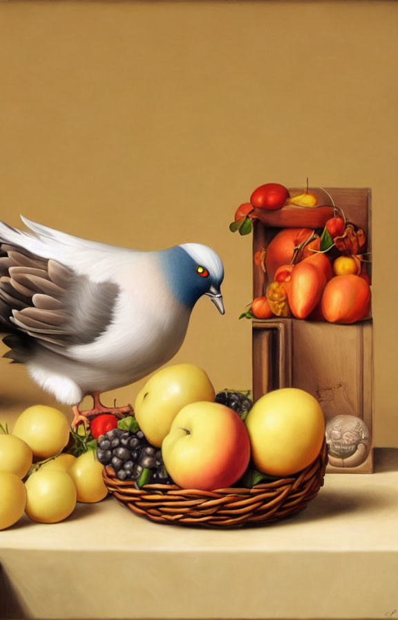 Pigeon beside fruit display: apples, grapes, tomatoes in basket and crate on beige.