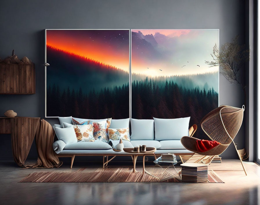 Contemporary living room with large forest wall art and stylish furniture