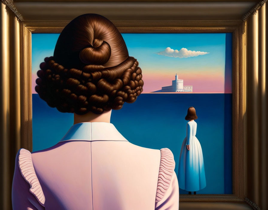 Elaborate hairstyle woman gazes at painting of girl and lighthouse at sunset