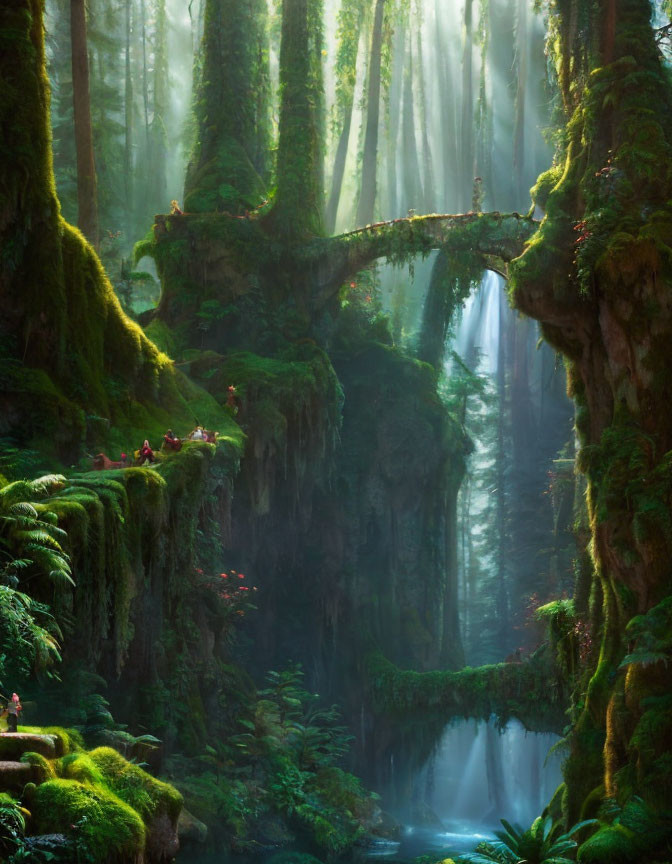 Enchanting forest landscape with moss, waterfall, sunbeams, and arches