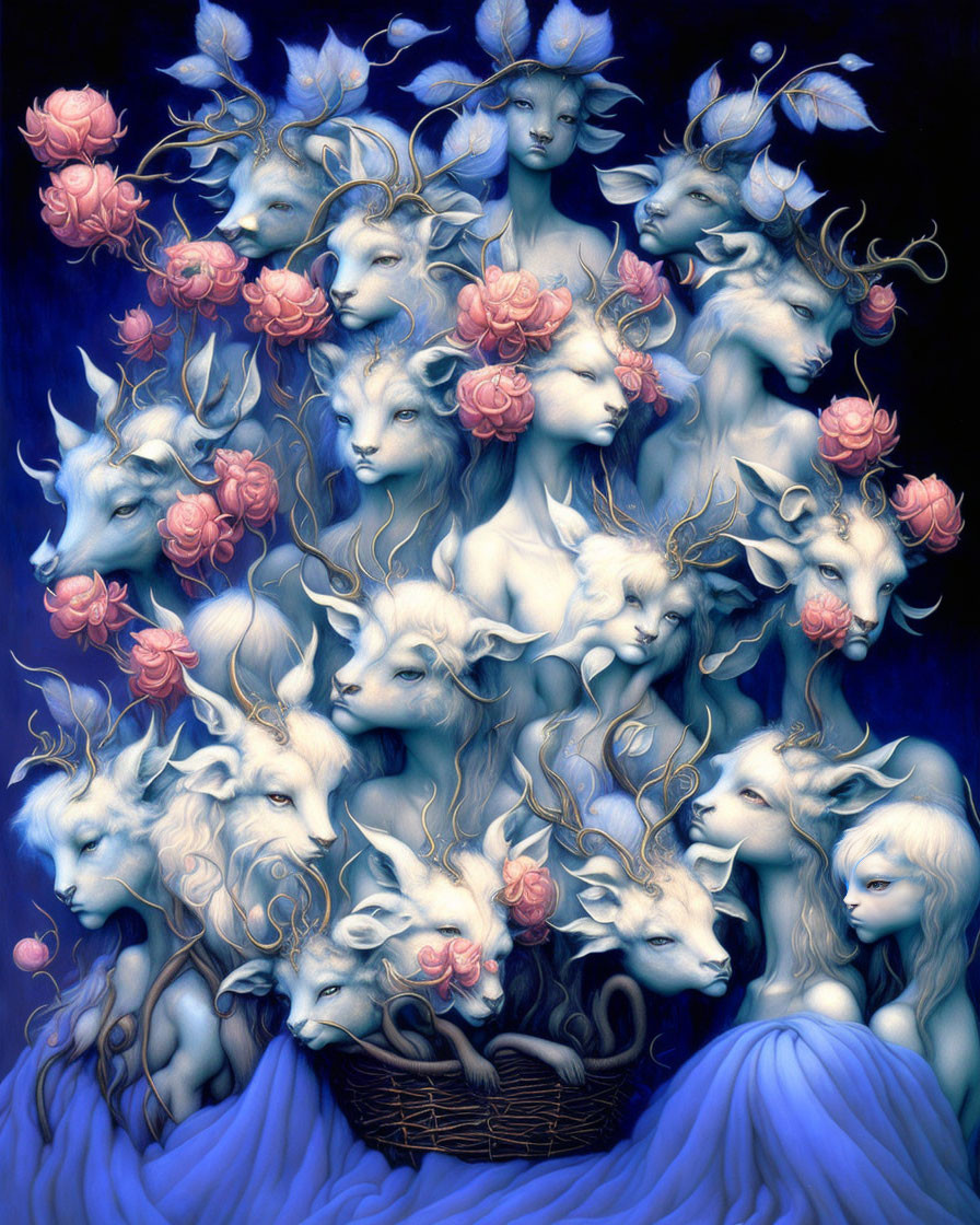 Surreal artwork featuring figure with goat heads and roses on blue background